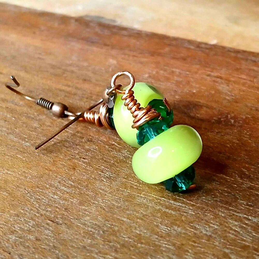 Neon Green Boho Beaded Dangle Earrings, Copper, Artisan OOAK